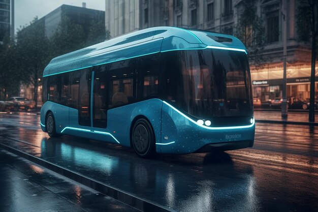 Rendering 3D di un moderno autobus elettrico in città di notte generativa ai