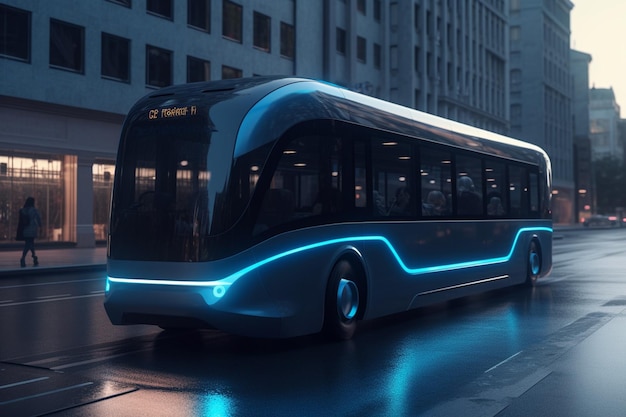 Rendering 3D di un moderno autobus elettrico in città di notte