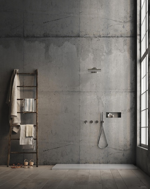 Rendering 3d di un moderno bagno con parete in cemento con doccia Pavimento in legno e grande finestra con luce naturale