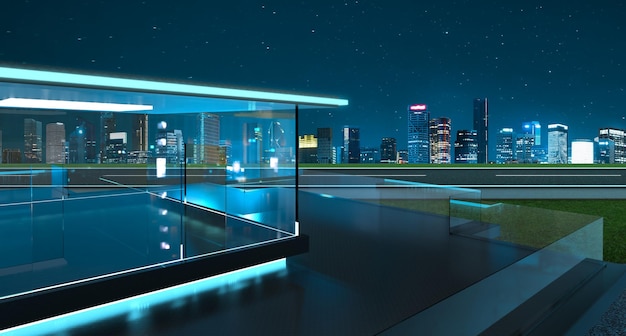 Rendering 3D di un moderno balcone in vetro con skyline della città reale fotografia di sfondo scena notturna Tecnica mista