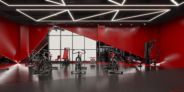 Rendering 3D di un moderno centro fitness futuristico in palestra