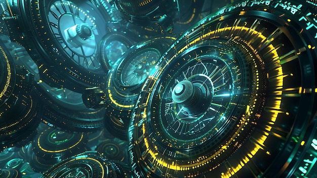 Rendering 3D di un motore a orologio steampunk futuristico con elementi luminosi