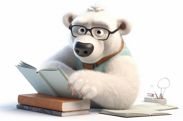 Rendering 3D di un orso polare che legge un libro su sfondo bianco