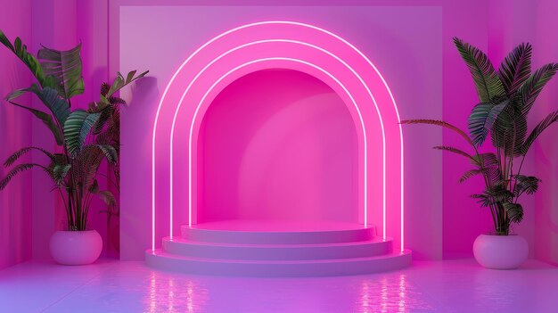 Rendering 3D di un paesaggio geometrico con neon rosa forma un arco di podio con sfondo minimo sfondo rosa