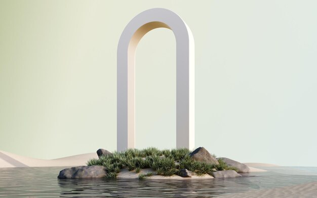 Rendering 3D di un paesaggio surreale con un podio rotondo nell'acqua, sabbia bianca e erba