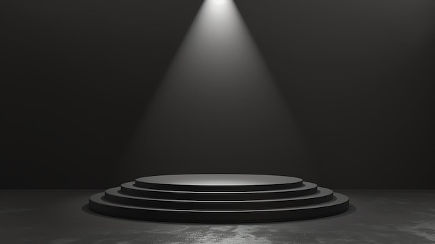 Rendering 3D di un palco buio e buio con un proiettore Il palco è fatto di marmo nero e ha tre gradini