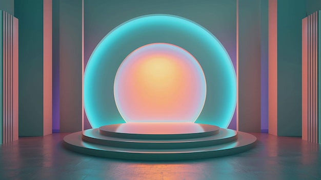 Rendering 3D di un palco con un cerchio luminoso e un podio Il palco è illuminato da un proiettore e c'è un circolo luminoso sullo sfondo