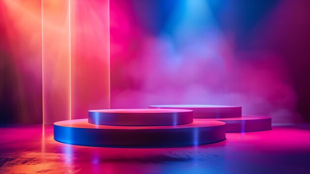 Rendering 3D di un palco con un podio e proiettori Il podio è fatto di luci al neon blu e rosa e ha una superficie lucida