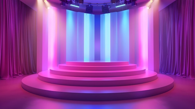 Rendering 3D di un palco vuoto con illuminazione rosa e blu