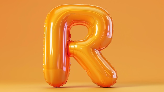 Rendering 3D di un palloncino arancione gonfiato a forma di lettera R Il palloncino è su uno sfondo arancione solido