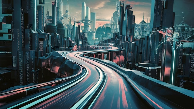 Rendering 3D di un percorso autostradale astratto attraverso torri binarie digitali in città
