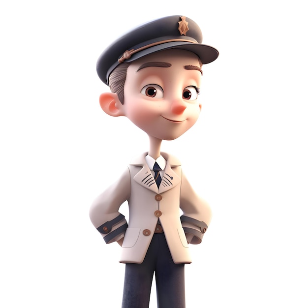 Rendering 3D di un personaggio dei cartoni animati con un berretto e un'uniforme di polizia