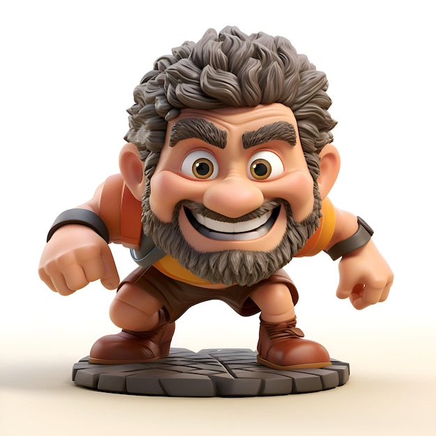 Rendering 3D di un personaggio di cartone animato dell'uomo delle caverne su una ruota di pneumatico