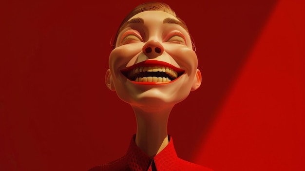 Rendering 3D di un personaggio di cartone animato felice con un sorriso esagerato sul viso Il personaggio sta guardando lo spettatore con gli occhi chiusi