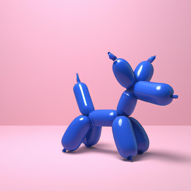 Rendering 3D di un piccolo cane palloncino blu in una stanza rosa chiaro