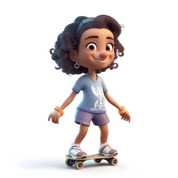 Rendering 3D di un piccolo skateboarder ragazza afroamericana