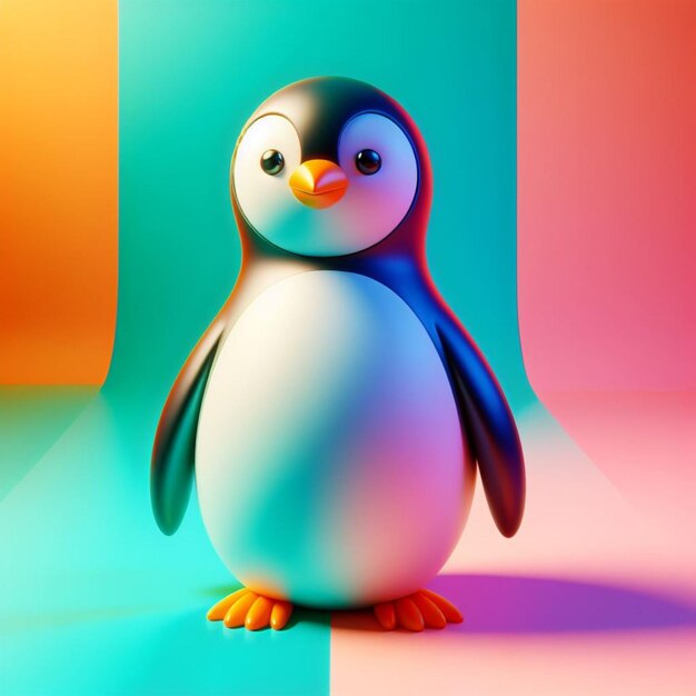 Rendering 3D di un pinguino con uno sfondo colorato