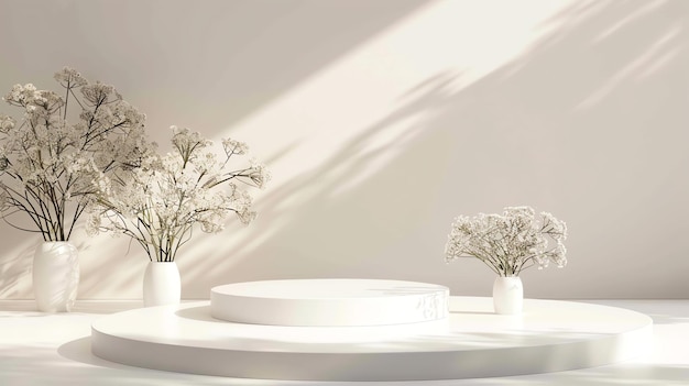 Rendering 3D di un podio bianco con un vaso di fiori su di esso Il podio è circondato da uno sfondo bianco con ombre