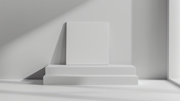 Rendering 3D di un podio bianco vuoto in una stanza bianca con un'ombra morbida sulla parete posteriore