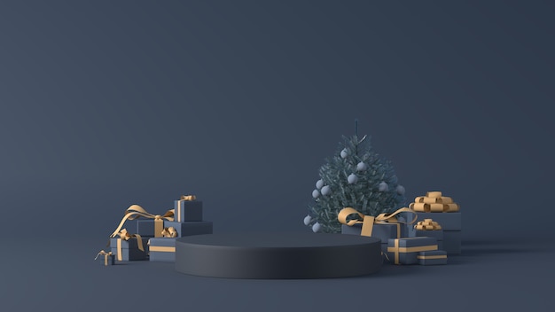 Rendering 3D di un podio con regali di Natale