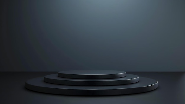 Rendering 3D di un podio nero Il podio è composto da tre gradini ed è illuminato da un proiettore Lo sfondo è di colore grigio scuro