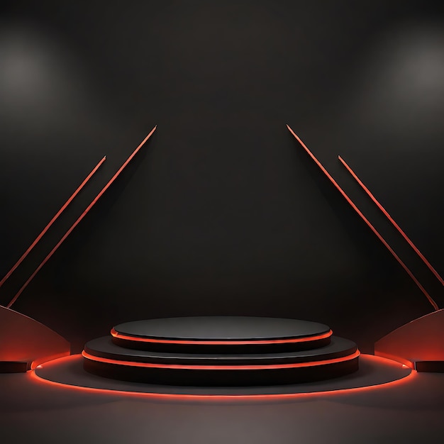 Rendering 3D di un podio nero rotondo con illuminazione a proiettore rosso su uno sfondo scuro