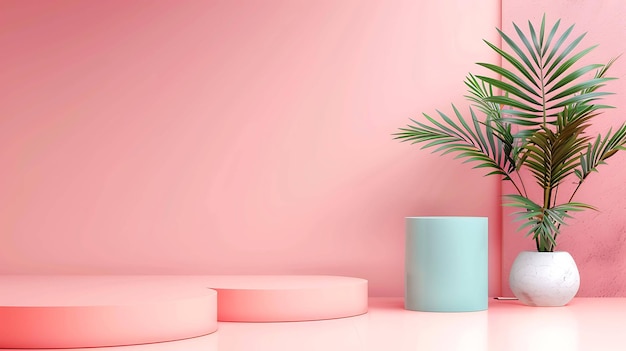 Rendering 3D di un podio rosa con un cilindro blu e una palma in vaso su uno sfondo rosa