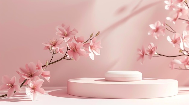 Rendering 3D di un podio rosa con una bottiglia di cosmetici bianca su di esso Il podio è circondato da un ramo di fiori di ciliegio rosa