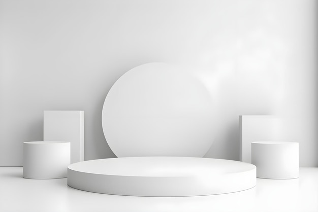 Rendering 3D di un podio rotondo bianco sul pavimento di legno nella stanza moderna AI Generative Illustration