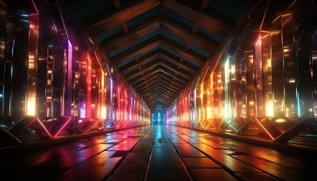 Rendering 3D di un portale al neon esagonale in un ambiente di realtà virtuale con linee luminose nello spettro rosa blu giallo e colori vivaci