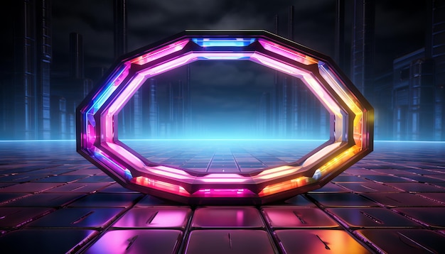 Rendering 3D di un portale al neon esagonale in un ambiente di realtà virtuale con linee luminose nello spettro rosa blu giallo e colori vivaci