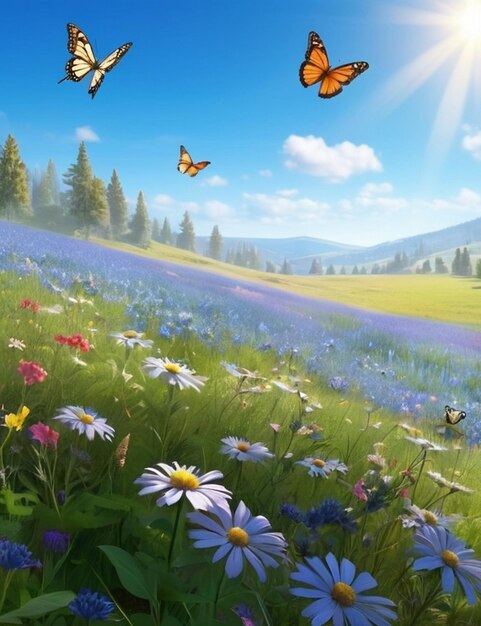 Rendering 3D di un prato illuminato dal sole con fiori selvatici farfalle e un cielo blu limpido natura pacifica