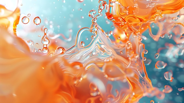 Rendering 3D di un primo piano di un liquido Il liquido è arancione e ha una superficie liscia e lucida