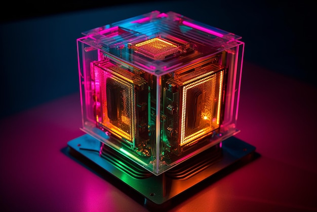 Rendering 3D di un processore di computer multicolore incandescente su sfondo nero