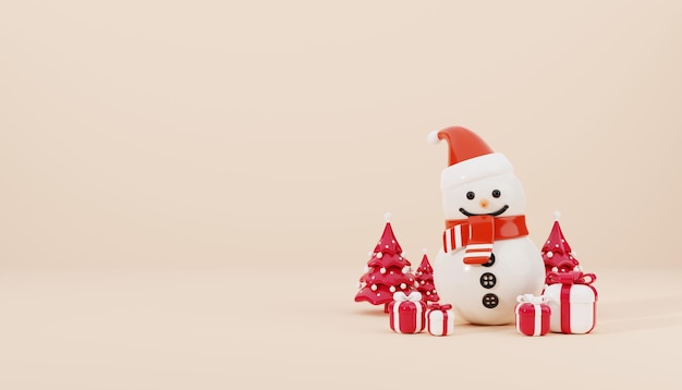 Rendering 3D di un pupazzo di neve circondato da un albero di Natale rosso e scatole regalo Decorazioni natalizie