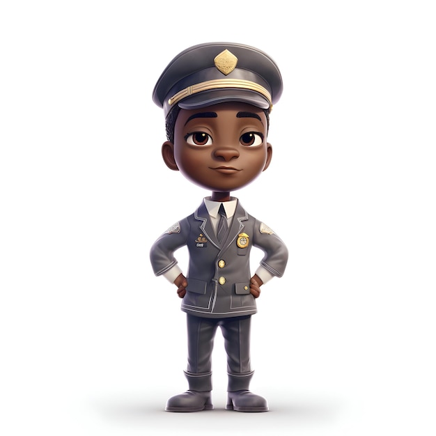 Rendering 3D di un ragazzino afroamericano con il costume di poliziotto