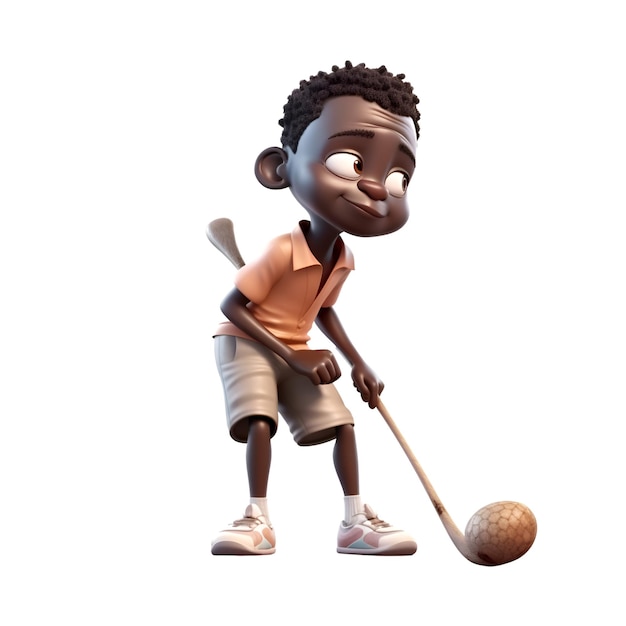 Rendering 3D di un ragazzino afroamericano con una mazza da golf
