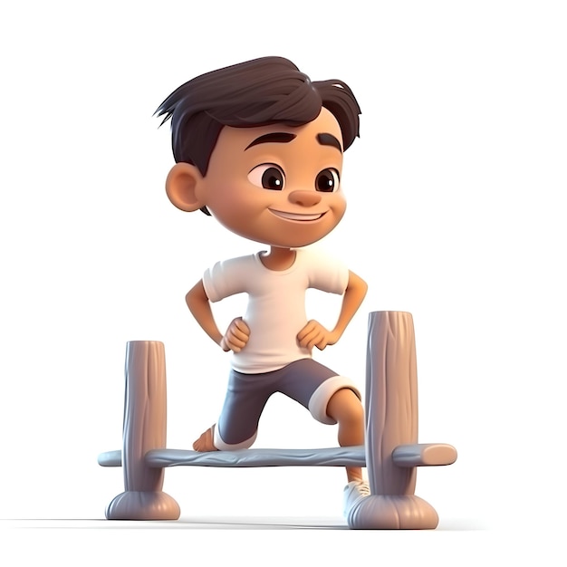 Rendering 3D di un ragazzino carino che corre su una pista crossfit