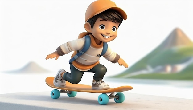Rendering 3D di un ragazzino che fa skateboard su sfondo bianco