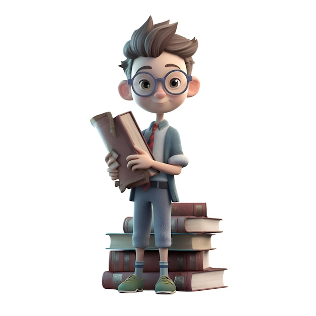 Rendering 3D di un ragazzino con gli occhiali e una pila di libri