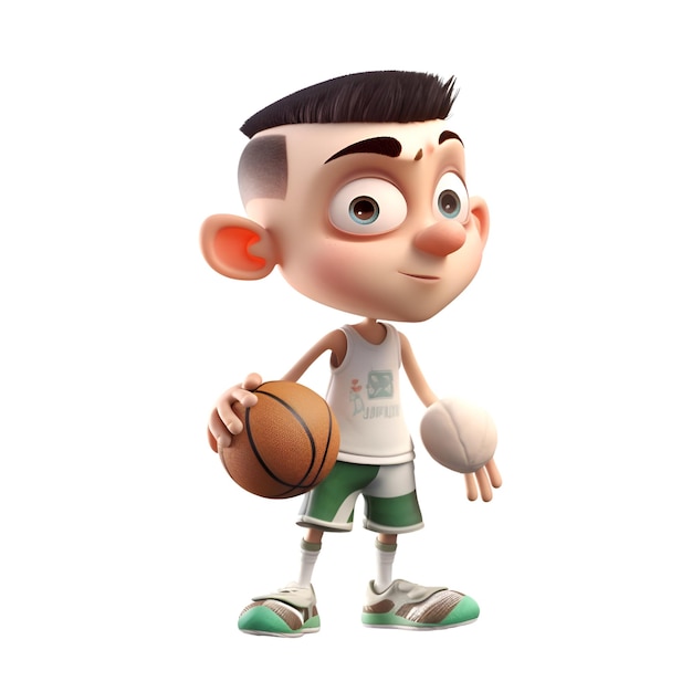 Rendering 3D di un ragazzino con il basket su sfondo bianco