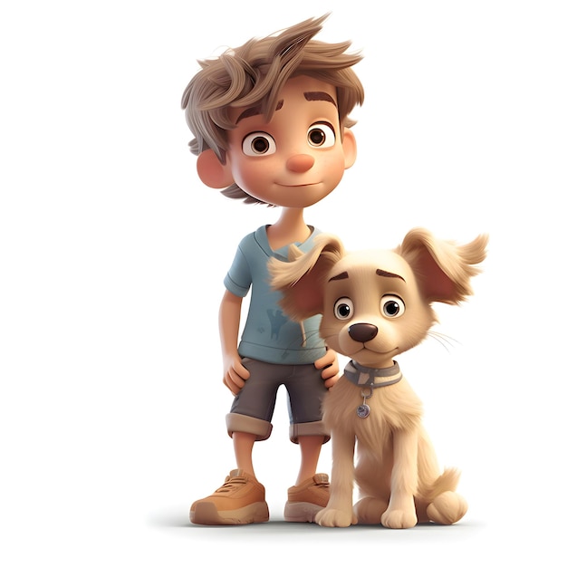 Rendering 3D di un ragazzino con il suo cane su sfondo bianco