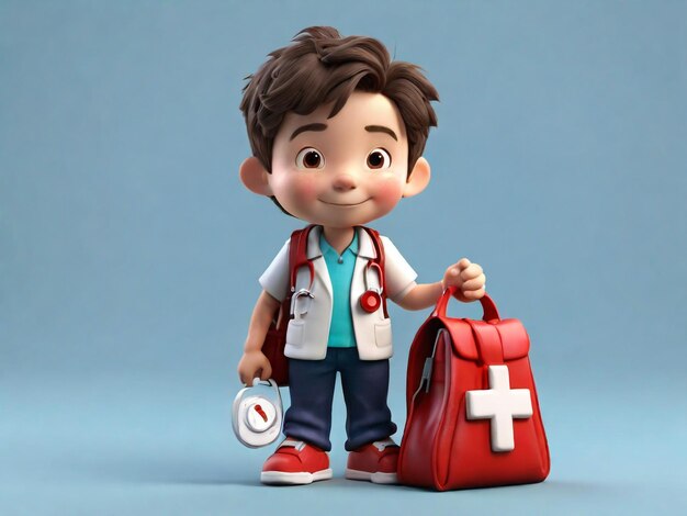 Rendering 3D di un ragazzino con stetoscopio e borsa di medicine