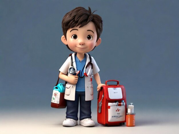 Rendering 3D di un ragazzino con stetoscopio e borsa di medicine