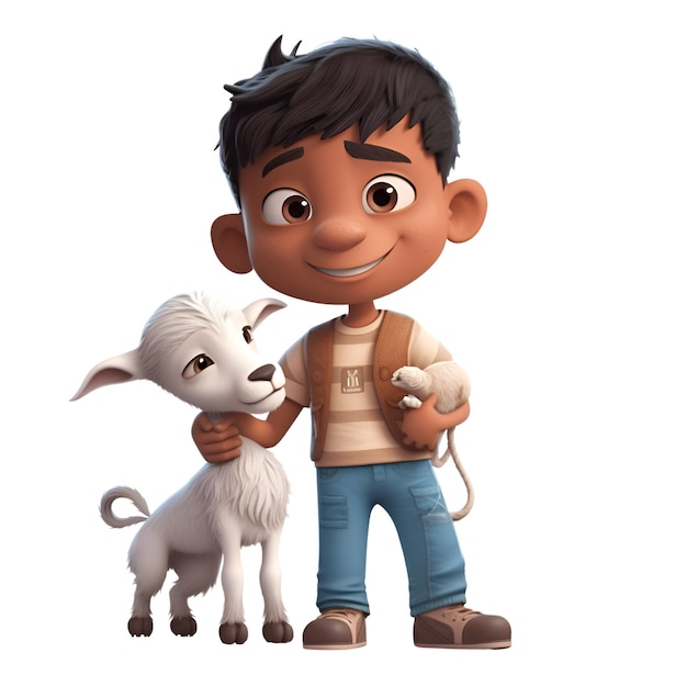 Rendering 3D di un ragazzino con un cane e una capra