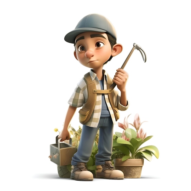 Rendering 3D di un ragazzino con una pala e un vaso da piantagione
