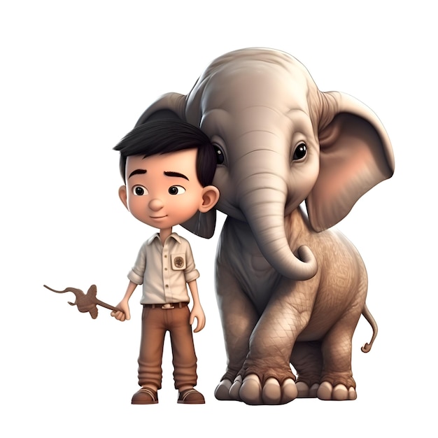 Rendering 3D di un ragazzino e di un elefante isolato su sfondo bianco