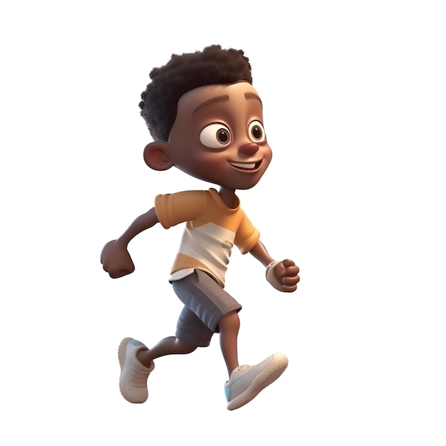 Rendering 3D di un ragazzo afroamericano che corre isolato su uno sfondo bianco