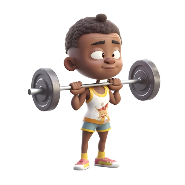 Rendering 3D di un ragazzo afroamericano che solleva un barbell