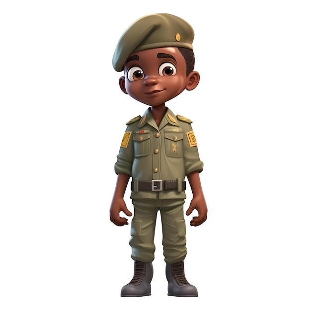 Rendering 3D di un ragazzo afroamericano con uniforme delle forze speciali dell'esercito